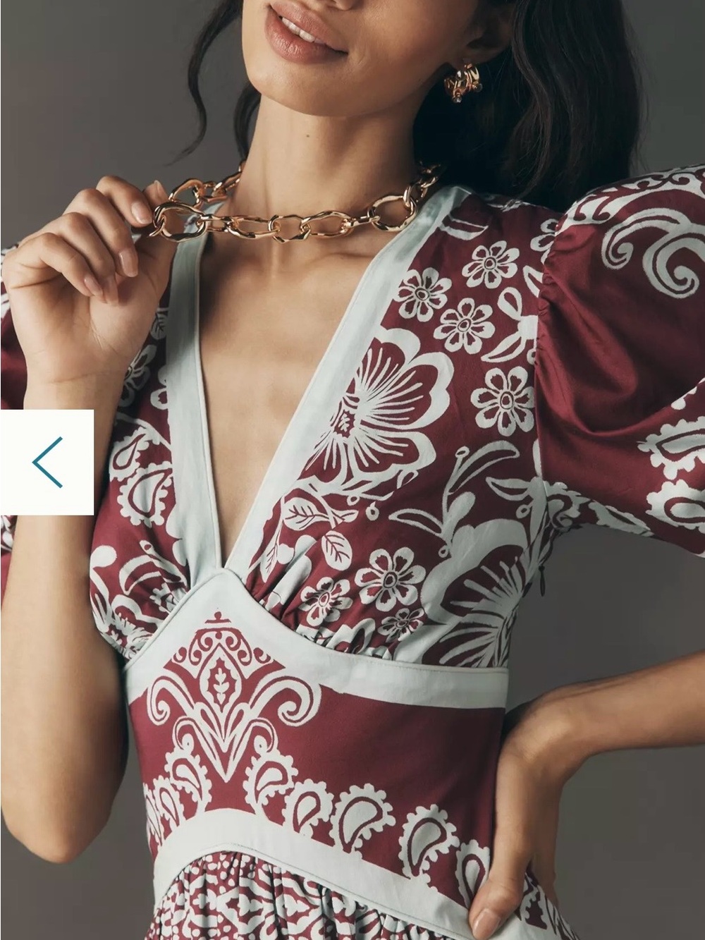 FARM Rio X Anthropologie Burgundy and Blue V-Neck Puff-Sleeve Midi/Maxi Dress - Picture 3 of 16